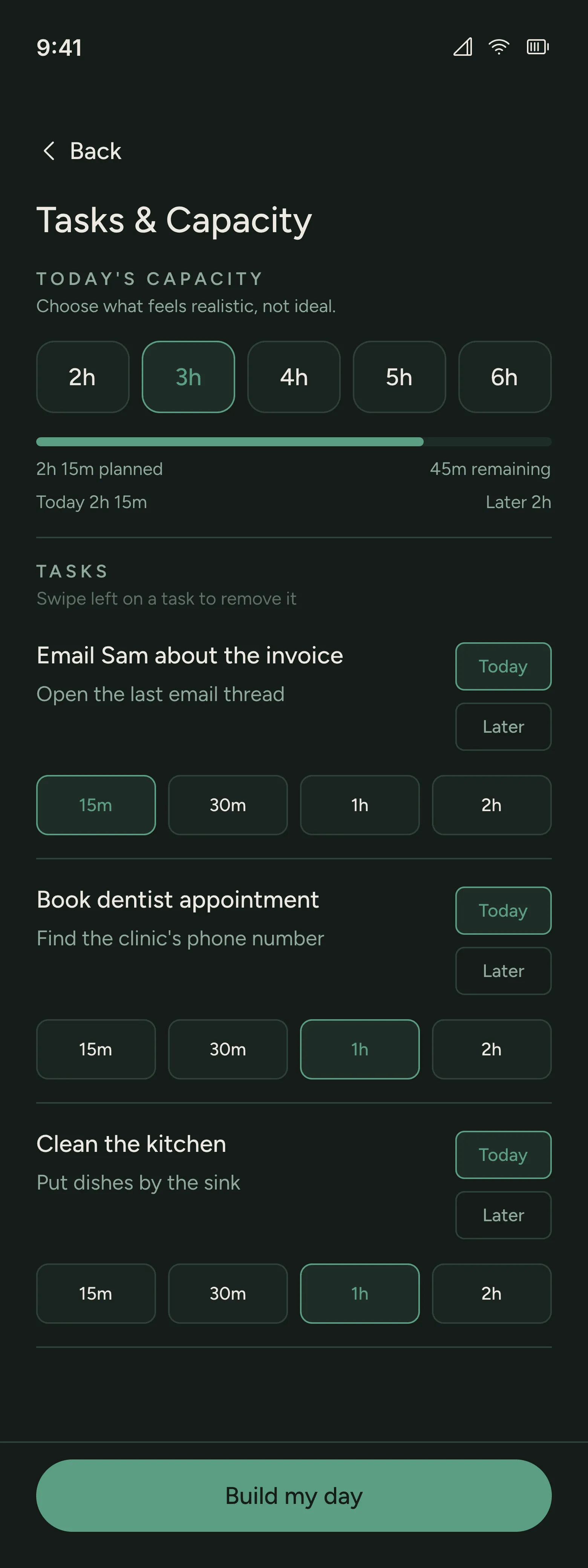 Confirmed 3-hour capacity with Today assignments and an enabled Build my day button.