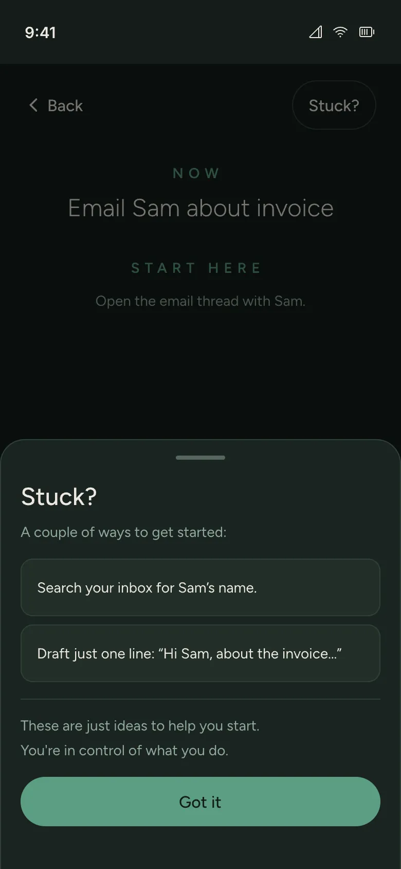 Illustrative Stuck? suggestions for Email Sam about invoice: search for Sam’s name in your inbox and draft one opening line about the invoice.