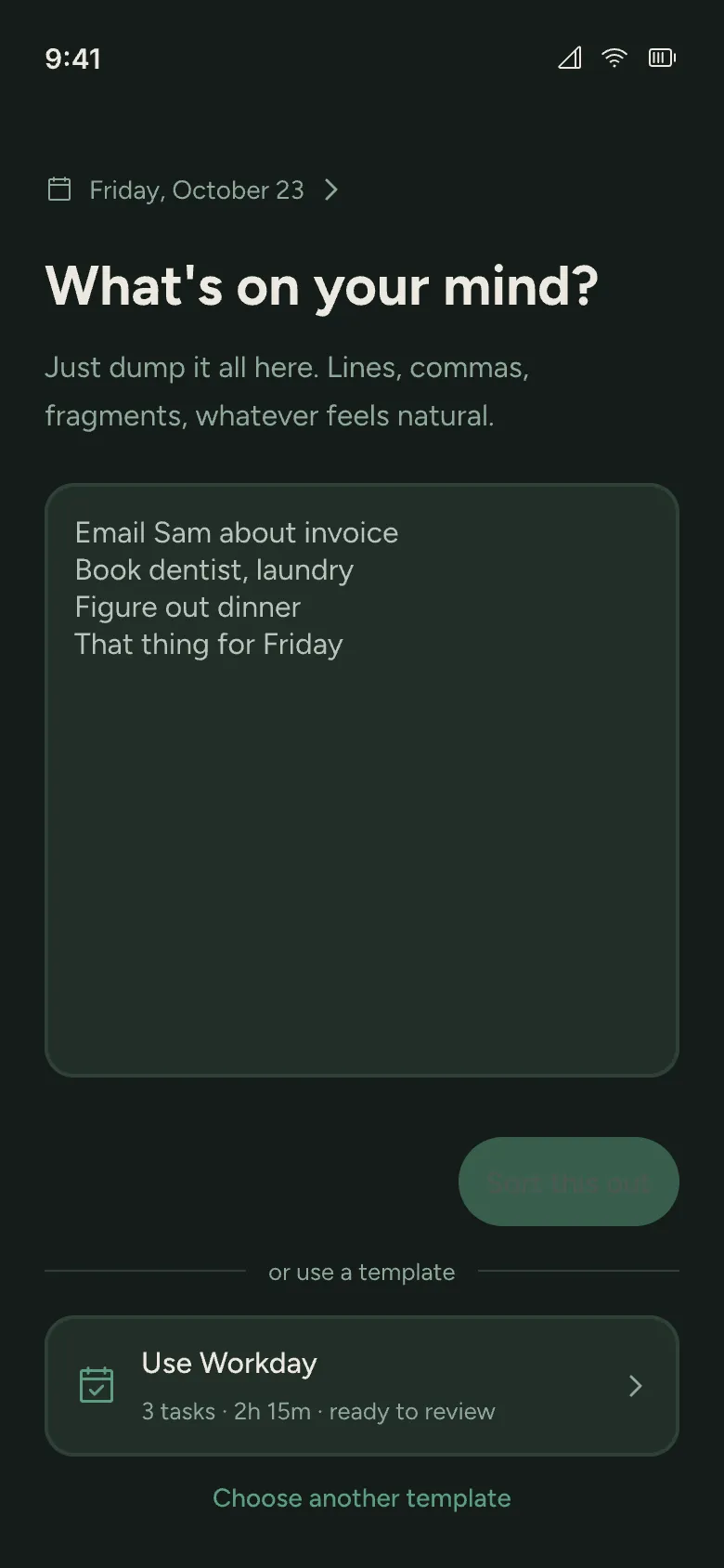 Onra’s start screen scrolled to Use Workday, showing 3 tasks ready to review and Choose another template.