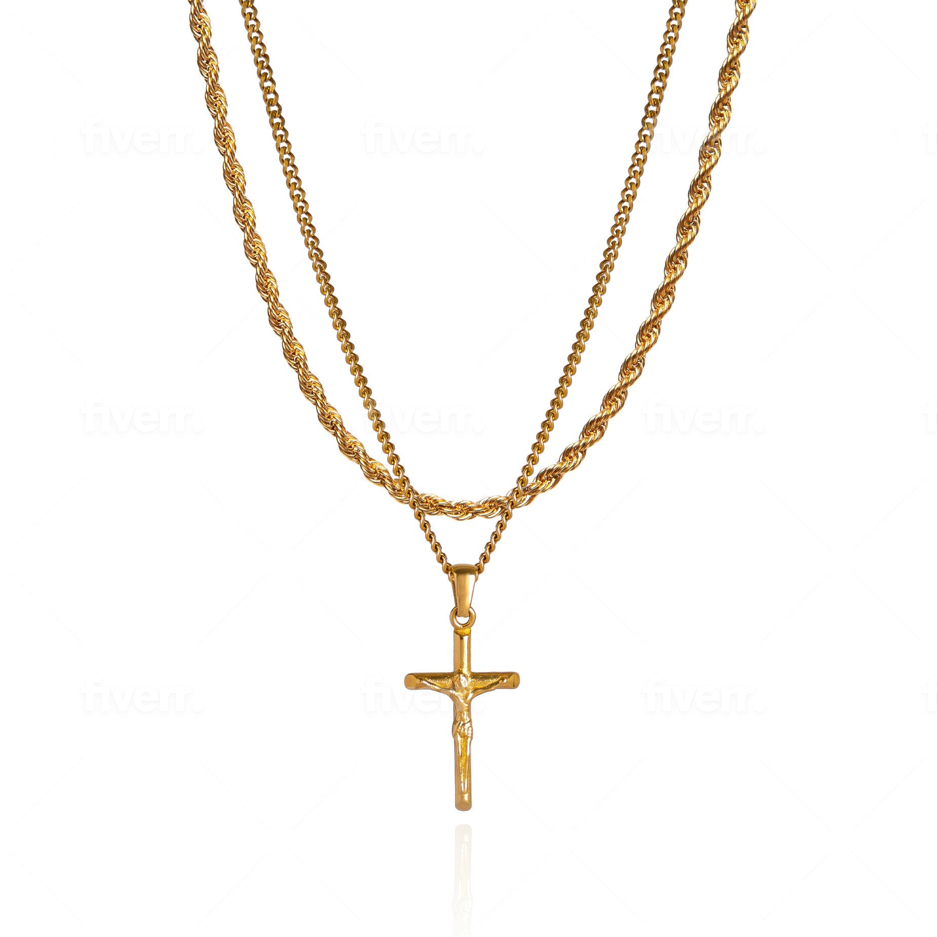 Colar Dourado com Pingente de Cruz e Corrente de Corda